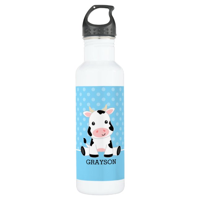Kuh Blue Polka Dot Personalisiert Boy Edelstahlflasche (Vorderseite)