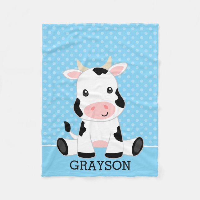 Kuh Blue Polka Dot Personalisiert Boy Fleecedecke (Vorderseite)