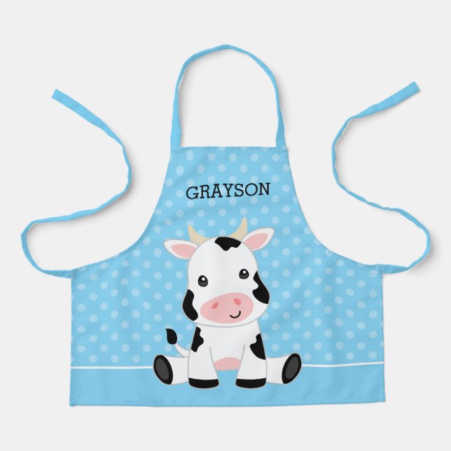 Kuh Blue Polka Dot Personalisierten Kinder Schürze (Vorderseite)