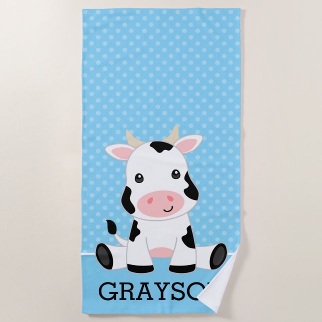 Kuh Blue Polka Dot Personalisierten Kinder Strandtuch (Vorderseite)