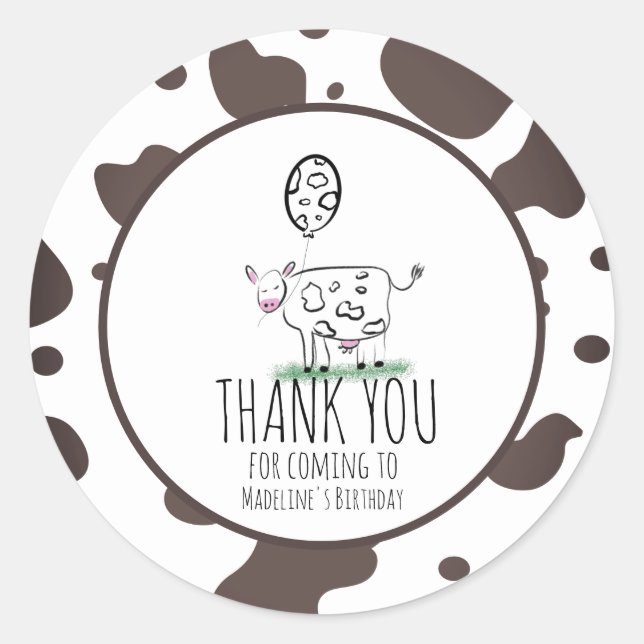 Kuh Doodle Farm Animal Birthday Party Danke, C Runder Aufkleber (Vorderseite)