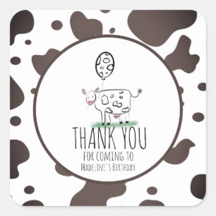 Kuh Doodle Farm Animal Birthday Party Danke Quadratischer Aufkleber