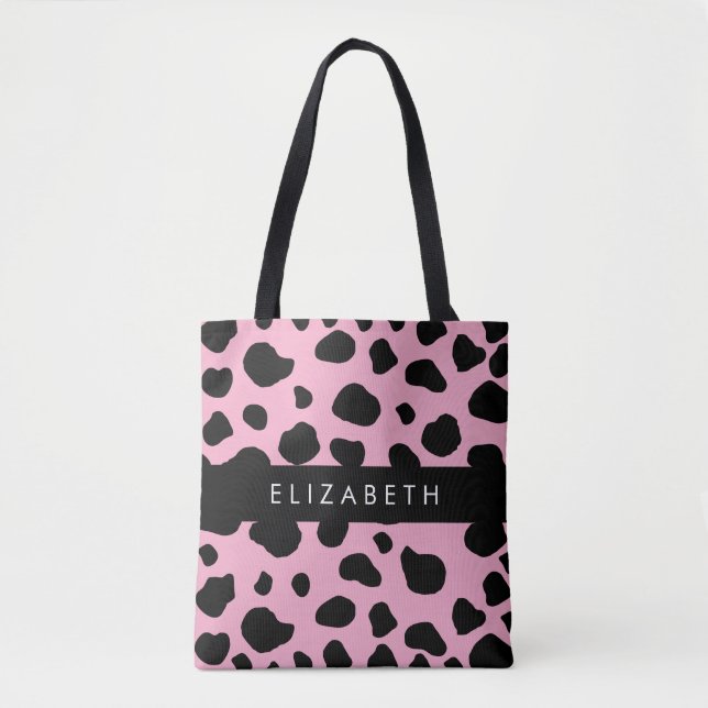 Kuh-Druck, Kuh-Spots, rosa Kuh, Ihr Name Tasche (Vorderseite)