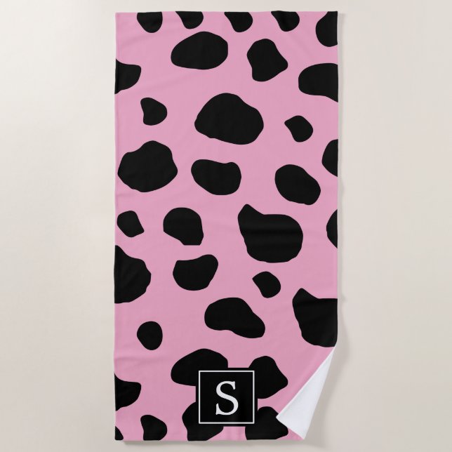Kuh-Druck, Kuhstropfen, rosa Kuh, Monogramm Strandtuch (Vorderseite)