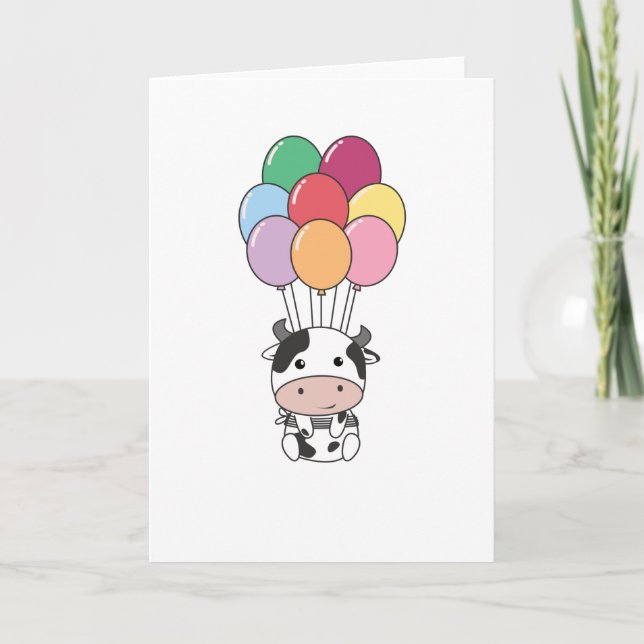 Kuh fliegt mit farbenfrohen Balloons auf Karte (Vorderseite)