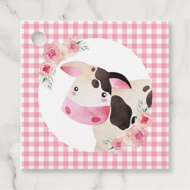 Kuh Floral Pink Gingham Landtiere Vielen Dank Geschenkanhänger (Vorderseite)