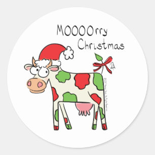 Kuh Funny Cartoon Weihnachtsfeiertag Runder Aufkleber