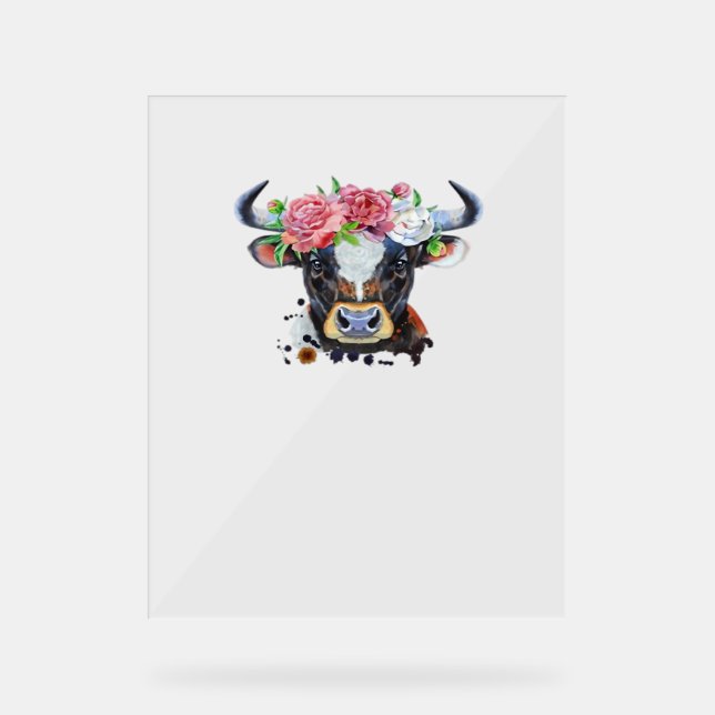 Kuh gekrönt mit Blume Klassischer T - Shirt Acrylschild (Vorderseite)