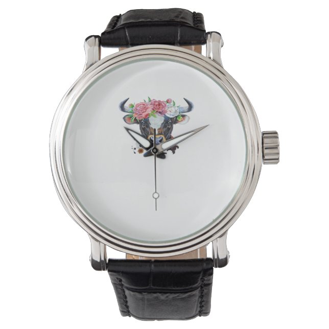 Kuh gekrönt mit Blume Klassischer T - Shirt Armbanduhr (Vorderseite)