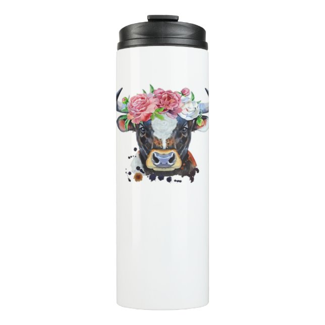 Kuh gekrönt mit Blume Klassischer T - Shirt Thermosbecher (Vorderseite)