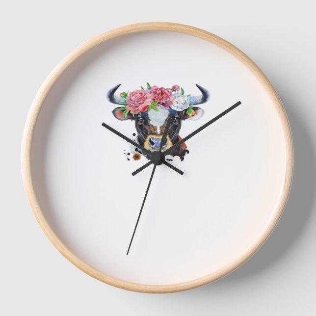 Kuh gekrönt mit Blume Klassischer T - Shirt Uhr (Vorderseite)