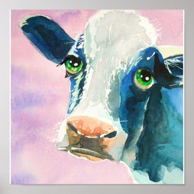 Kuh Gesicht mit grünen Augen Aquarellmalerei Poster (Vorne)