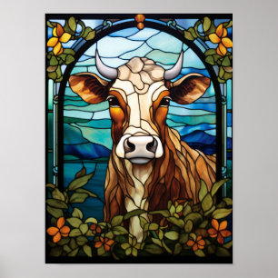 Kuh Glasmalerei Kunst Blumenförmiges gerahmtes Por Poster
