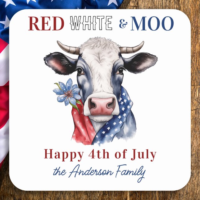 Kuh glücklich 4. Juli Red White Blue Patriotic Quadratischer Aufkleber (Von Creator hochgeladen)