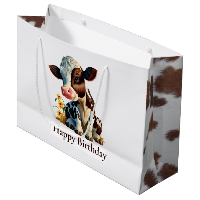 Kuh Happy Birthday Daisy White Große Geschenktüte (Vorderseite Schrägansicht)