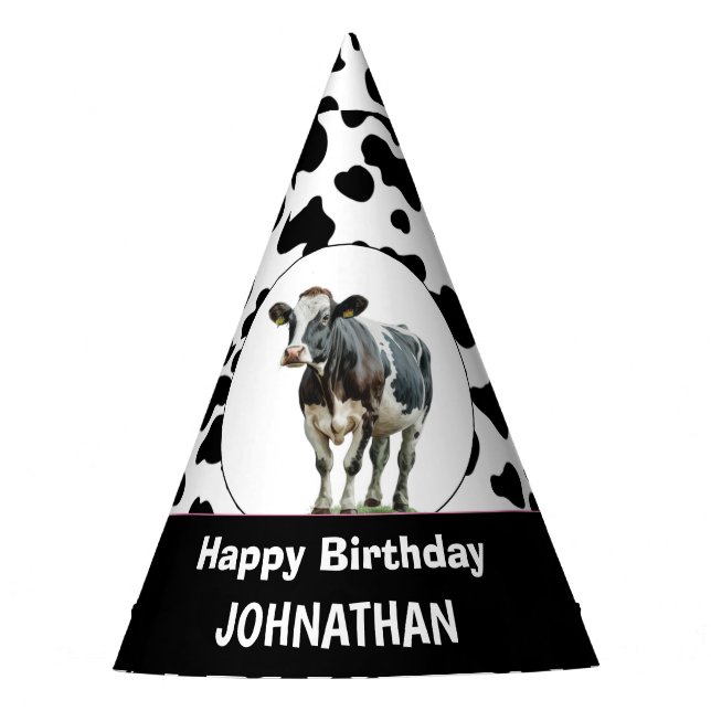 Kuh Happy Geburtstag schwarz-weiß Partyhütchen (Vorderseite)