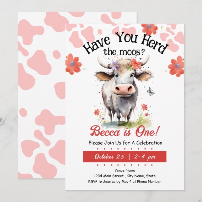 Kuh Herd moos 1st Birthday Girl Einladung (Vorne/Hinten)