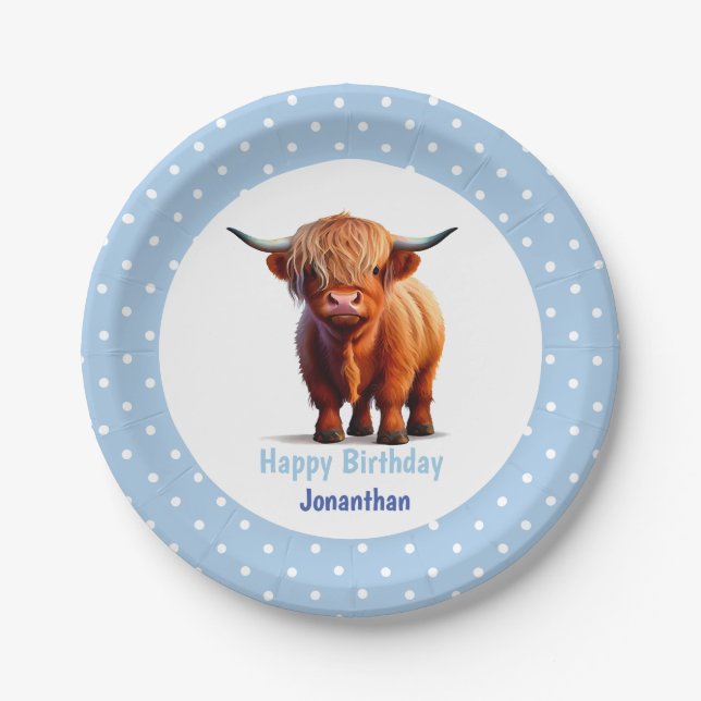 Kuh Highland Blue Birthday Pappteller (Vorderseite)