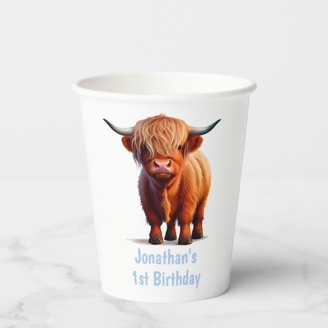 Kuh Highland HAPPY BIRTHDAY Blue Pappbecher (Rückseite)