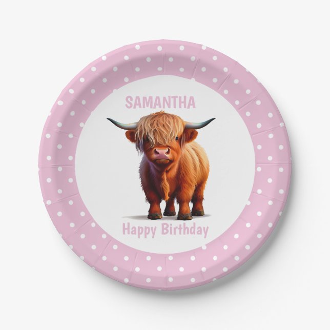 Kuh Highland Pink Balloons Poke Dots Pappteller (Vorderseite)