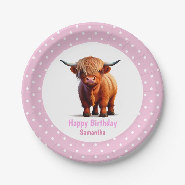 Kuh Highland Pink Balloons Poke Dots Pappteller (Vorderseite)