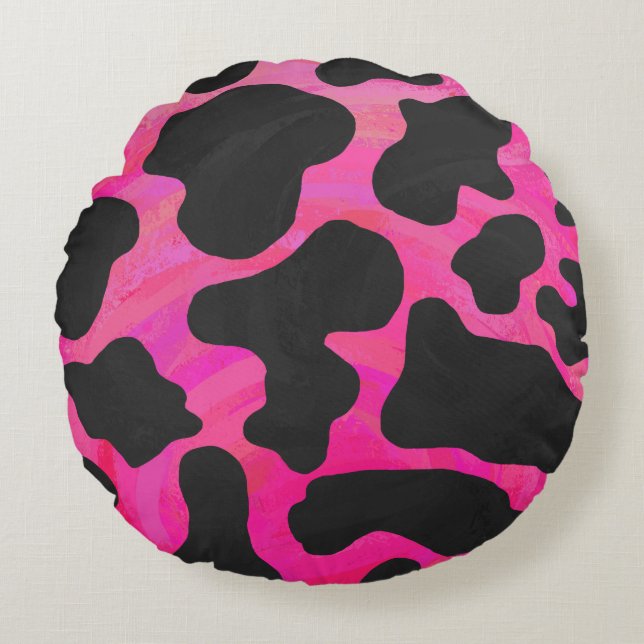 Kuh Hot Pink und Schwarz Print Rundes Kissen (Vorderseite)