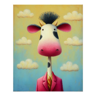 Kuh im schicken rosa Anzug mit Krawatte - Cartoon  Poster