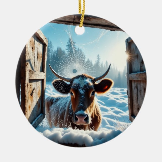 Kuh im Schnee Keramik Ornament (Vorne)