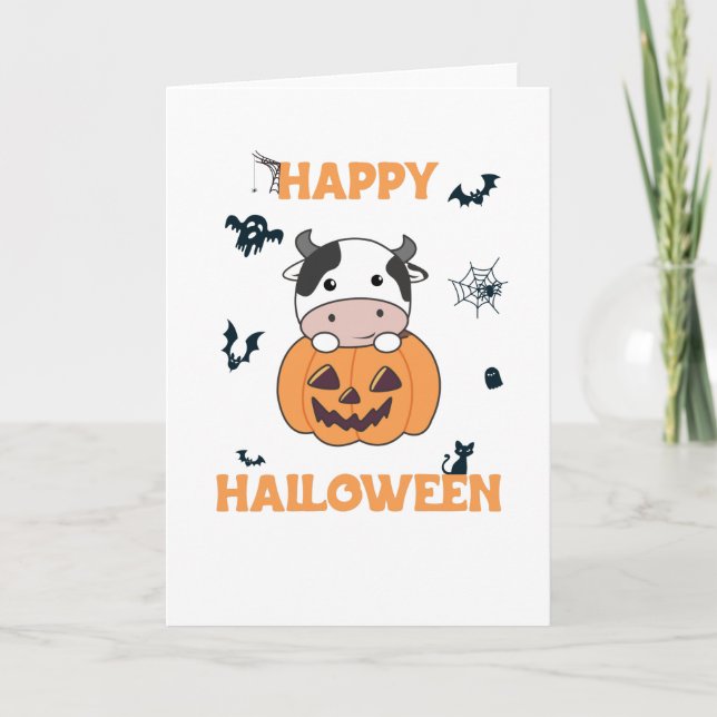 Kuh in Pumpkin Niedliche Kühe glückliche Halloween Karte (Vorderseite)