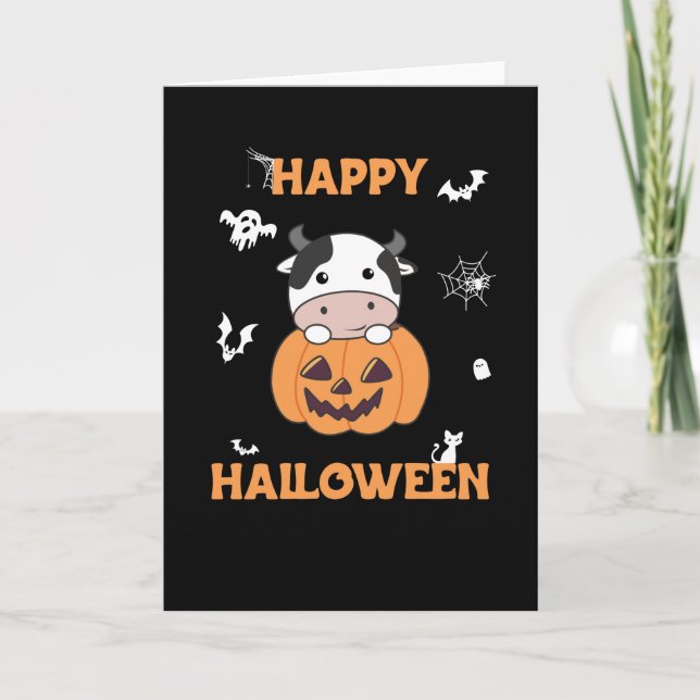 Kuh in Pumpkin Niedliche Kühe glückliche Halloween Karte (Vorderseite)