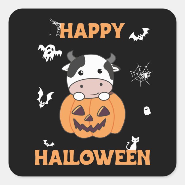 Kuh in Pumpkin Niedliche Kühe glückliche Halloween Quadratischer Aufkleber (Vorderseite)