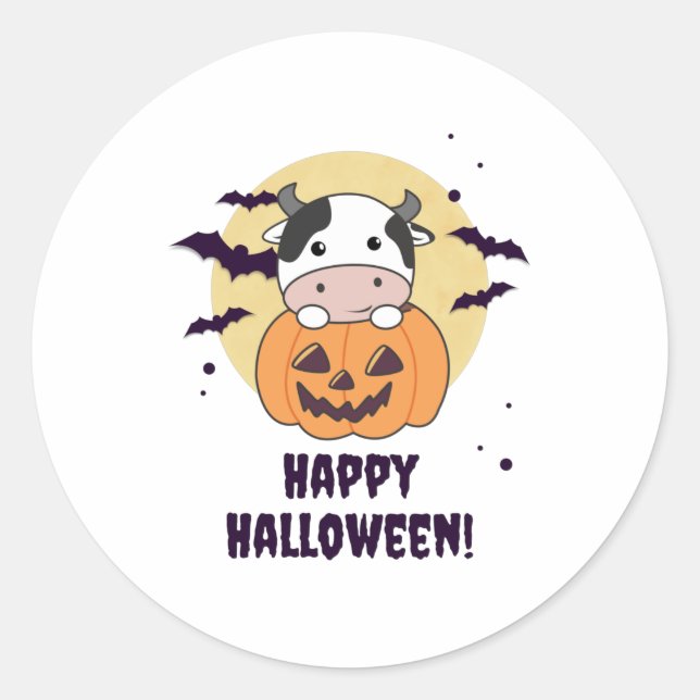 Kuh in Pumpkin Niedliche Kühe glückliche Halloween Runder Aufkleber (Vorderseite)