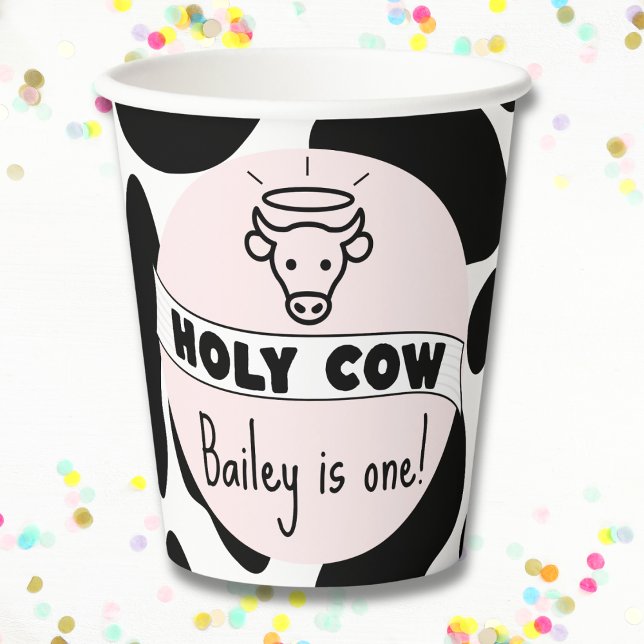 Kuh-Junggeburt-Party-Kuh drucken Niedlich modern Pappbecher (Holy Cow birthday party paper cups custom name and age cute modern cups pink cow print )