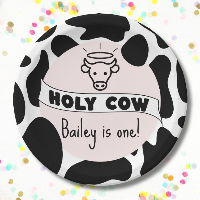 Kuh-Junggeburt-Party-Kuh drucken Niedlich modern Pappteller (Holy cow birthday plate with custom name and age cow print pink bday party plate)
