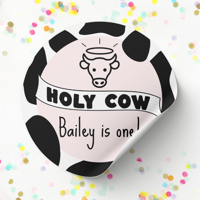 Kuh-Junggeburt-Party-Kuh drucken Niedlich modern Runder Aufkleber (Holy Cow birthday sticker custom name and age cow print pink cute modern bday favor stickers)