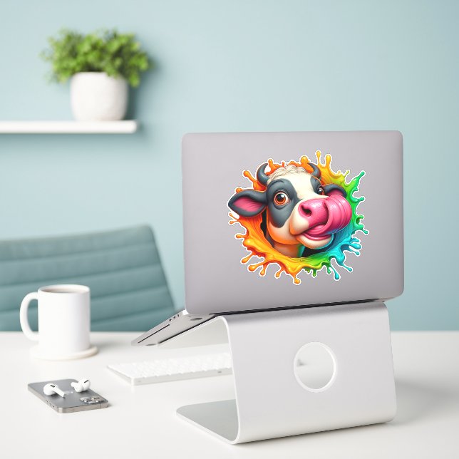 Kuh leckt Nase Aufkleber (Laptop auf Schreibtisch)