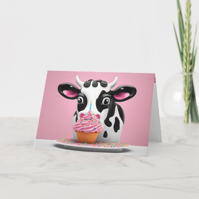 Kuh mit Birthday Cupcake Spaß Karte (Vorderseite)