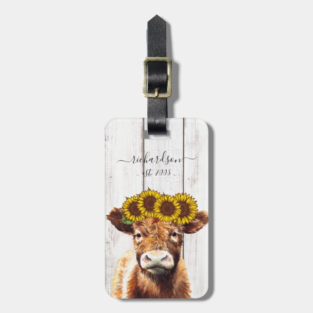 Kuh mit Sonnenblumen Kronenbauernhof Art Tote Beut Gepäckanhänger (Vorderseite vertikal)