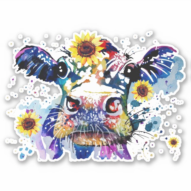 Kuh mit Sonnenblumen, maßgeschneidert Vinyl Sticke Aufkleber (Vorderseite)