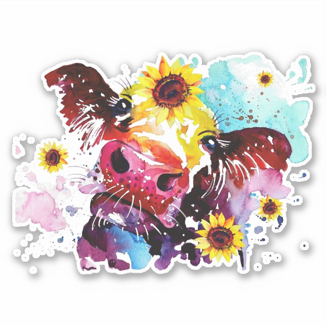Kuh mit Sonnenblumen, maßgeschneidert Vinyl Sticke Aufkleber (Vorderseite)