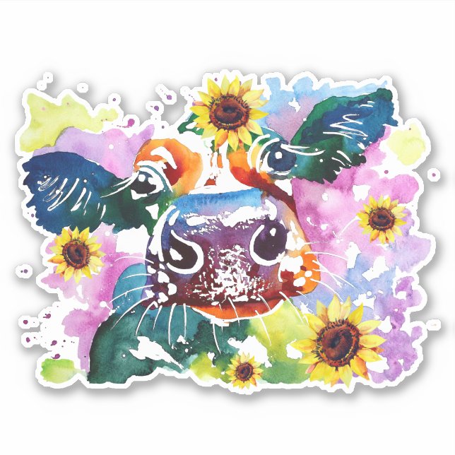 Kuh mit Sonnenblumen, maßgeschneidert Vinyl Sticke Aufkleber (Vorderseite)