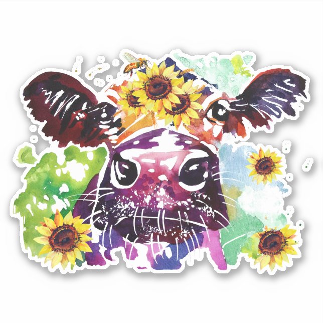 Kuh mit Sonnenblumen, maßgeschneidert Vinyl Sticke Aufkleber (Vorderseite)