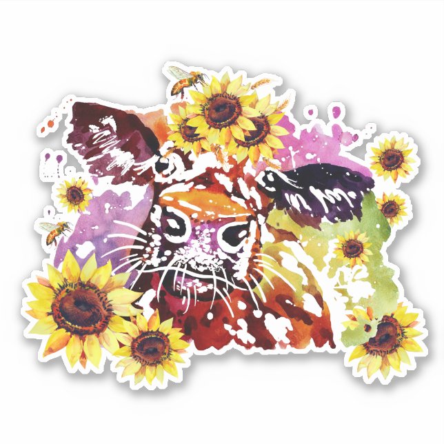 Kuh mit Sonnenblumen, maßgeschneidert Vinyl Sticke Aufkleber (Vorderseite)