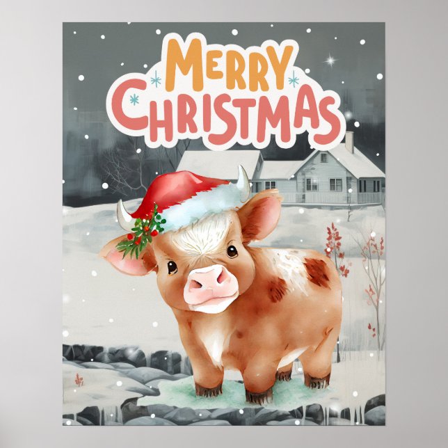 Kuh mit Weihnachtsmannmütze im Winter Poster (Vorne)