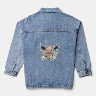 Kuh Nasenkuss Blumen Aquarell grau Bauernhoftier Jeansjacke