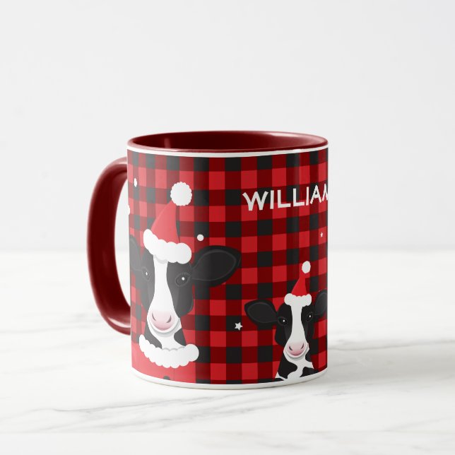 Kuh Santa Red Kariert Name Farm Weihnachten Tasse (Vorderseite Links)