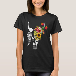Kuh-Schädel Boho Blumen-Rosen-Sonnenblumen-Grafik  T-Shirt