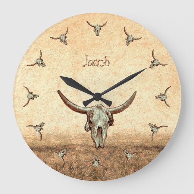 Kuh Schädel Braun Western Land Rustikaler Stil Große Wanduhr (Vorderseite)