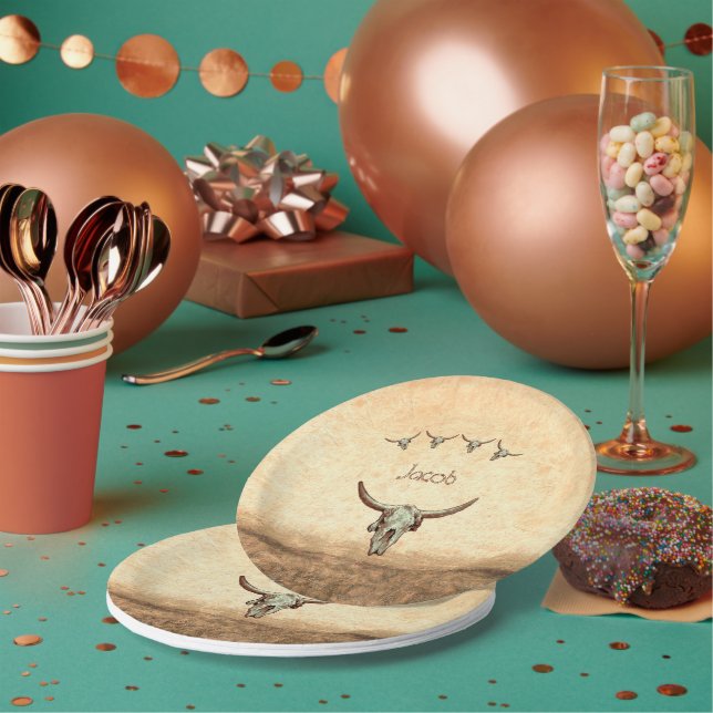 Kuh Schädel Braun Western Land Rustikaler Stil Pappteller (Multi)