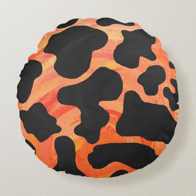 Kuh Schwarz und Orange Print Rundes Kissen (Vorderseite)